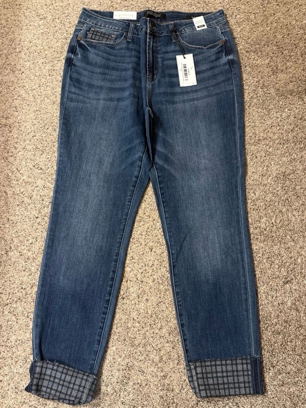 Judy Blue Medium Blue Boyfriend Jeans with Cuffed Plaid Hem - Size 13